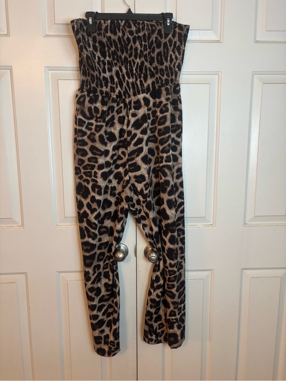 Leopard Print Strapless Jumpsuit - Black & Tan